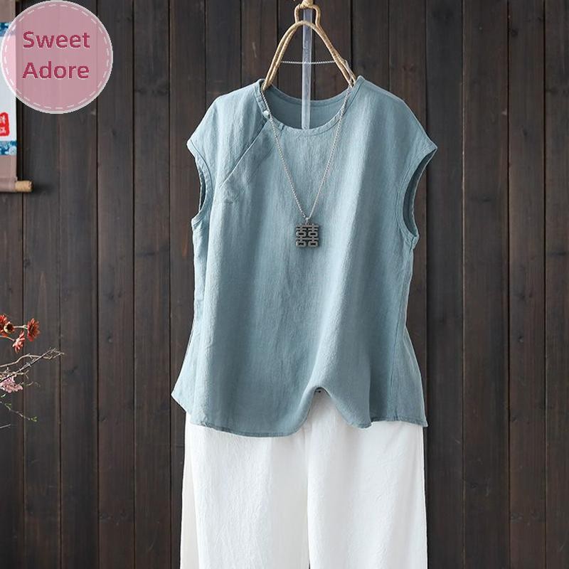 SweetAdore ฤดูร้อนหลวมผ้าฝ้ายผ้าลินินสีทึบเสื้อกั๊ก Plus ขนาดเสื้อกล้ามแขนกุด Casual Top TH