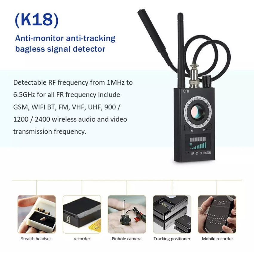 K18 เครื่องตรวจจับกล้องซ่อน สัญญาณ RF เลนส์กล้องไร้สาย