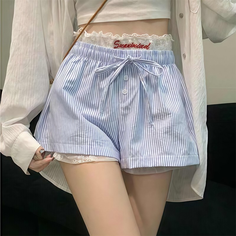 💙ส่งไวจากไทย🍓กางเกงขาสั้นเอวยางยืด ผู้หญิง ลายริ้ว-ปักลูกไม้ แต่งกระดุม ทรงสวยทรงแปะ ผ้าใส่สบาย