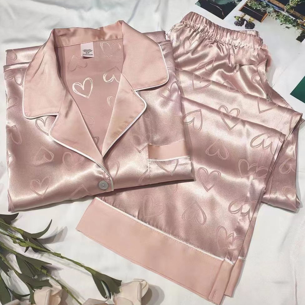 ชุดพักผ่อนผ้าไหมน้ำแข็งสำหรับสตรี สไตล์เกาหลี เสื้อแขนยาว กางเกงขายาวทรงหลวมเอวสูง ชุดภายในบ้าน