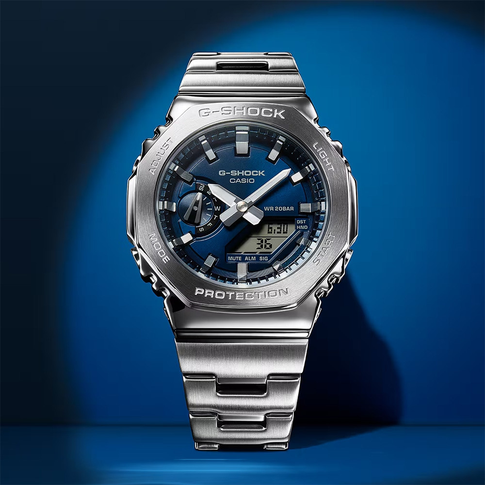 GM-2110D-2B สีน้ําเงินเข้ม G-STEEL 2100 GM-2110D-2BJF รับประกันหนึ่งปี สายนาฬิกาทนทาน j845