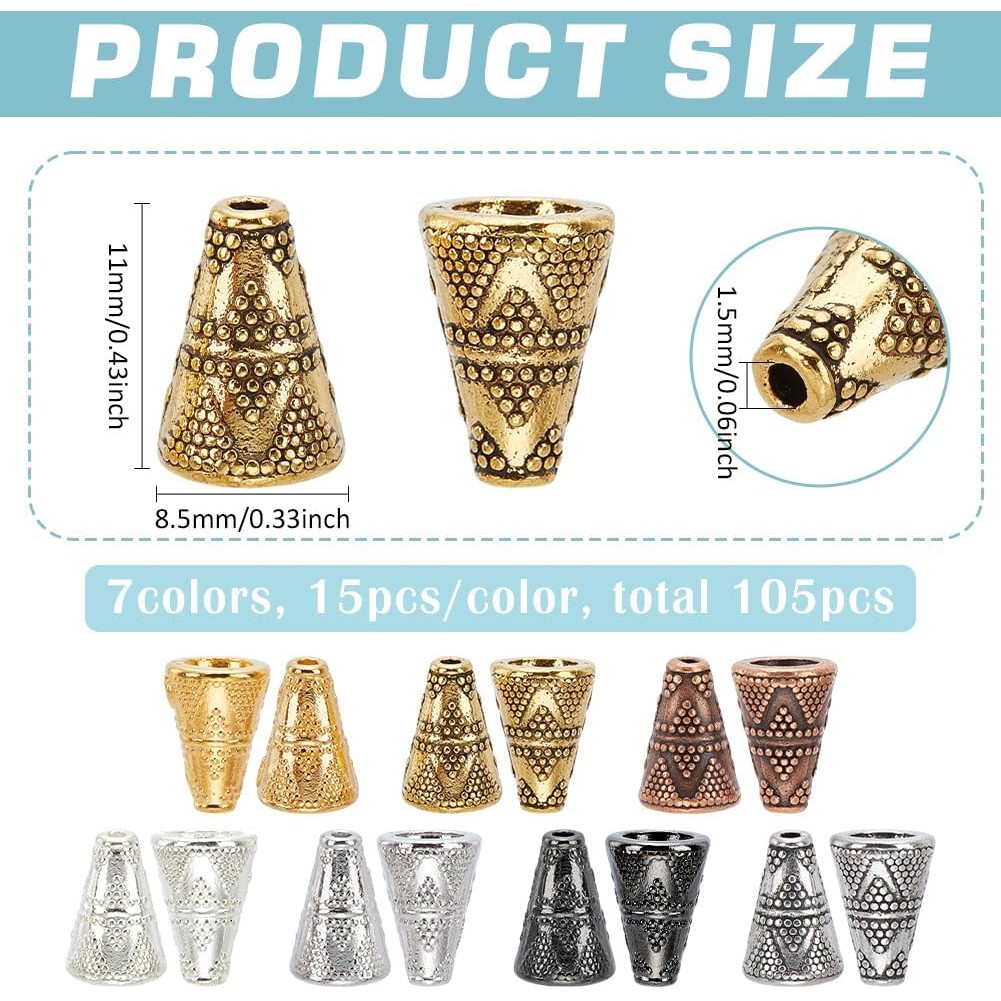 PH PandaHall กรวยลูกปัด 105 ชิ้น 7 สี แบบวินเทจทิเบต สำหรับทำต่างหู สร้อยคอ และพวงกุญแจ DIY