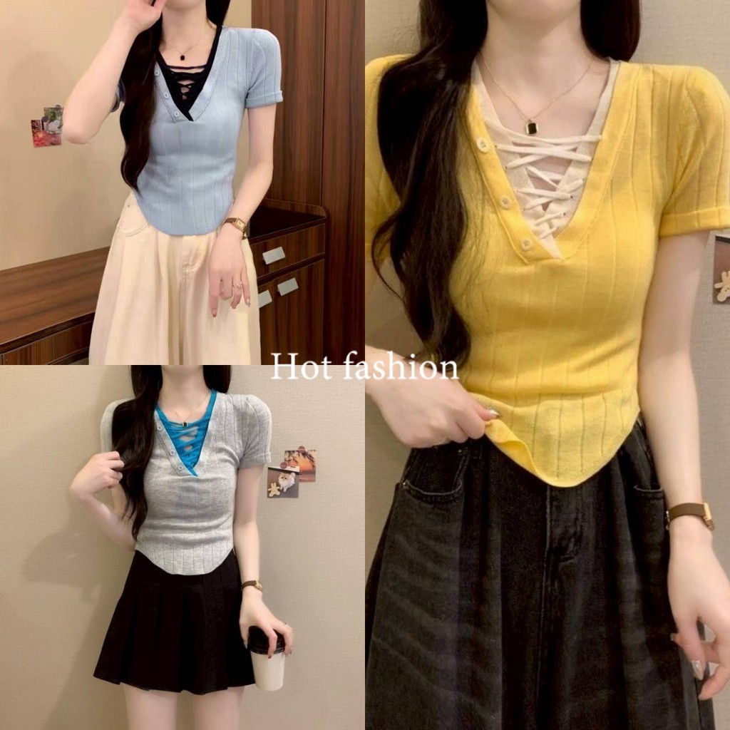 HOT FASHION THAI พร้อมส่ง เสื้อไหมพรมครอปสั้น คอสี แขนสั้น ผ้าร่องสีสวย-Z-M38