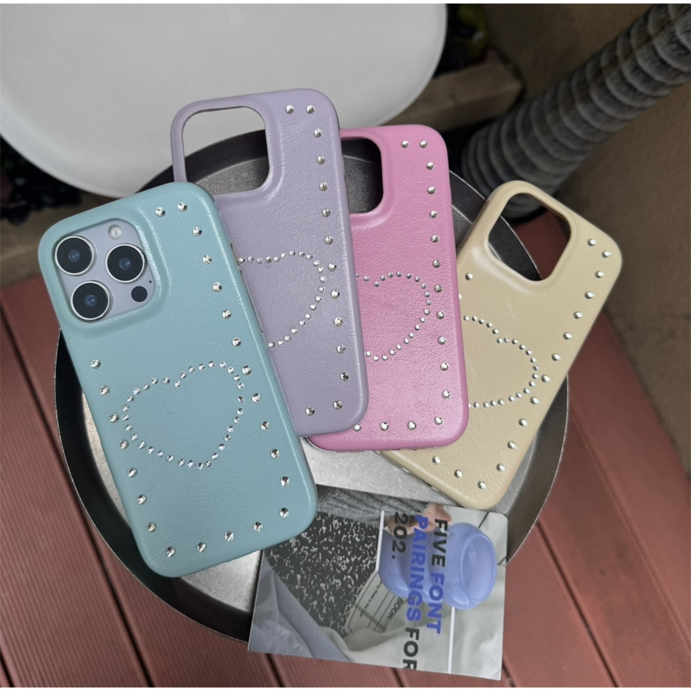 Mint blue handmade เพชรหัวใจหนังเทียม ins เกาหลีเหมาะสําหรับ 16pro 16ProMax เคสโทรศัพท์ iPhone 16 14 13 15 Promax รวมทุกอย่างฮาร์ดฝาครอบป้องกันกรณี