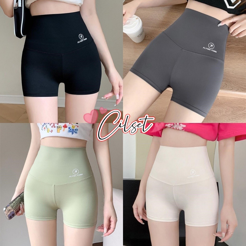 Cilset🛒พร้อมส่ง🎀 กีฬา กางเกงกีฬาขาสั้นเอวสุูงธรรมดา กางเกงโยคะออกกําลังกาย ดีไซน์ลายพาด ขอบเอวสูง /KK11013