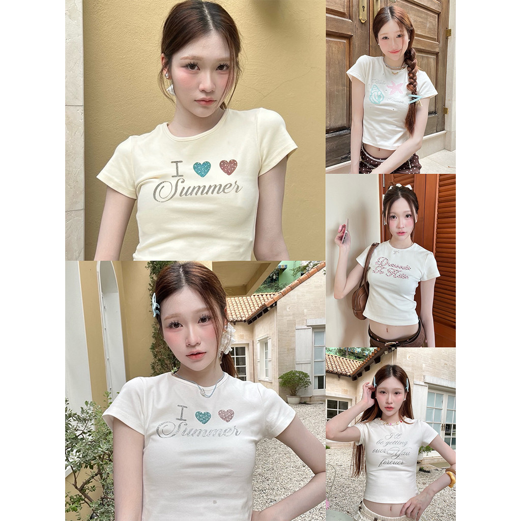 Jbb.Shop | เสื้อสวยๆ，เกาหลีแฟชั่น y2kลวดลายเสื้อยืดแขนสั้น #1119