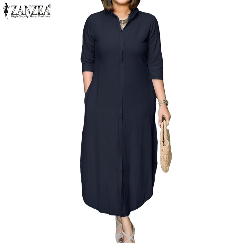 ZANZEA กระโปรงเชิ๊ตสำหรับผู้หญิง สไตล์วินเทจ แต่งานประจำหรือนอกงานได้ แขนยาว 3/4 ปกพับลง