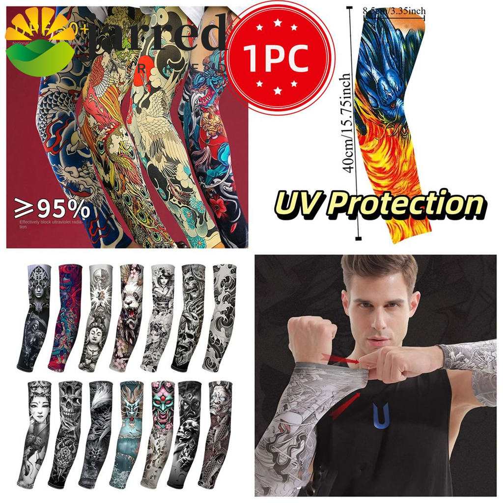 1PC แขนดอกไม้แขนสัก, แขนยืดหยุ่นกันแดดสำหรับผู้ชาย, ถุงมือขี่จักรยานแขนยาวระบายอากาศและป้องกันแสงแดด