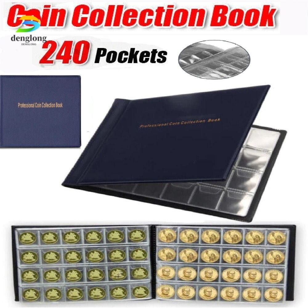 DENGLONG ที่เก็บเหรียญ, 240 กระเป๋า Penny อัลบั้มของขวัญเก็บเหรียญ, คุณภาพสูง 10 หน้า PVC สมุดสะสมเหรียญสําหรับนักสะสม