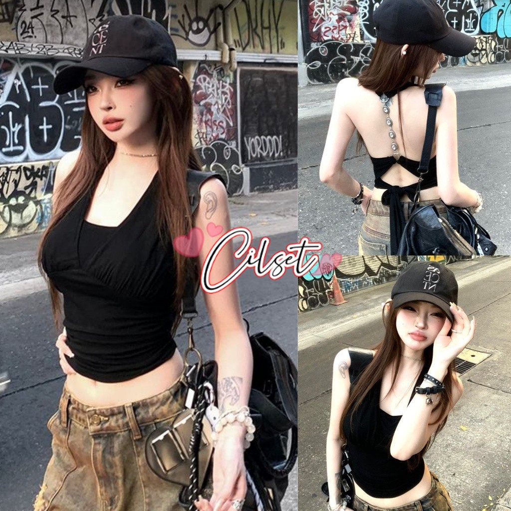 Cilset🛒พร้อมส่ง🎀 เสื้อคล้องคอ เว้าหลัง มีฟองน้ำแต่งโซ่ ยืดพอดี ขาวดำ ใส่สบายเซ็กซี่ แฟชั่นเกาหลี /FY2636#1