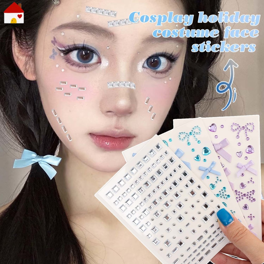 รอยสักชั่วคราวสีม่วงสีน้ําเงินมีกาวในตัว - สติ๊กเกอร์หน้าโบว์ริบบิ้น Rhinestone - เครื่องมือคอสเพลย์ฮาโลวีนใช้งานง่าย