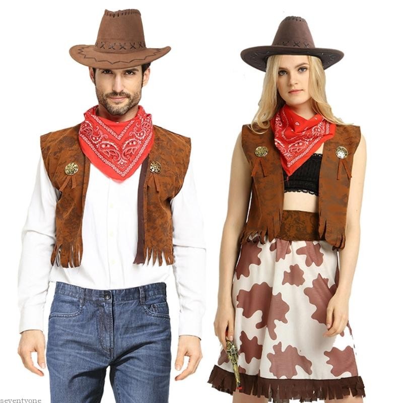 ชุดCowboy พร้อมเสื้อกั๊ก หมวก และผ้าพันคอ สำหรับ party Halloween ทั้งผู้หญิงและผู้ชาย