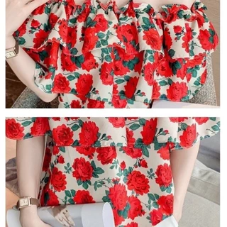 เสื้อเชิ้ตลายดอกวันสงกรานต์ สไตล์เปิดไหล่ เสื้อแขนสั้นขอบใบบัวสวยมาก จัดส่งในกรุงเทพฯ