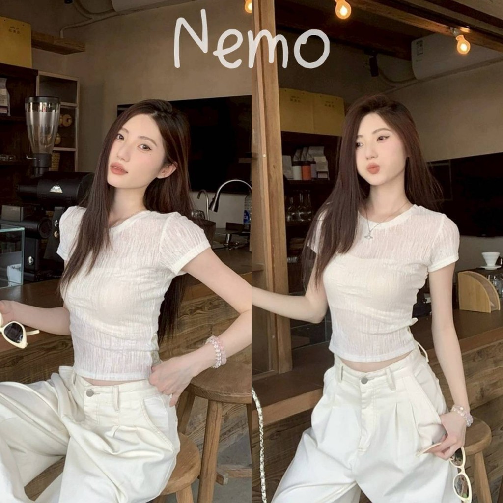 Nemo store🌸#8K179 เสื้อยืดครอปสั้น คอกลม ผ้าไหมพรมสีครีมใส่ง่าย