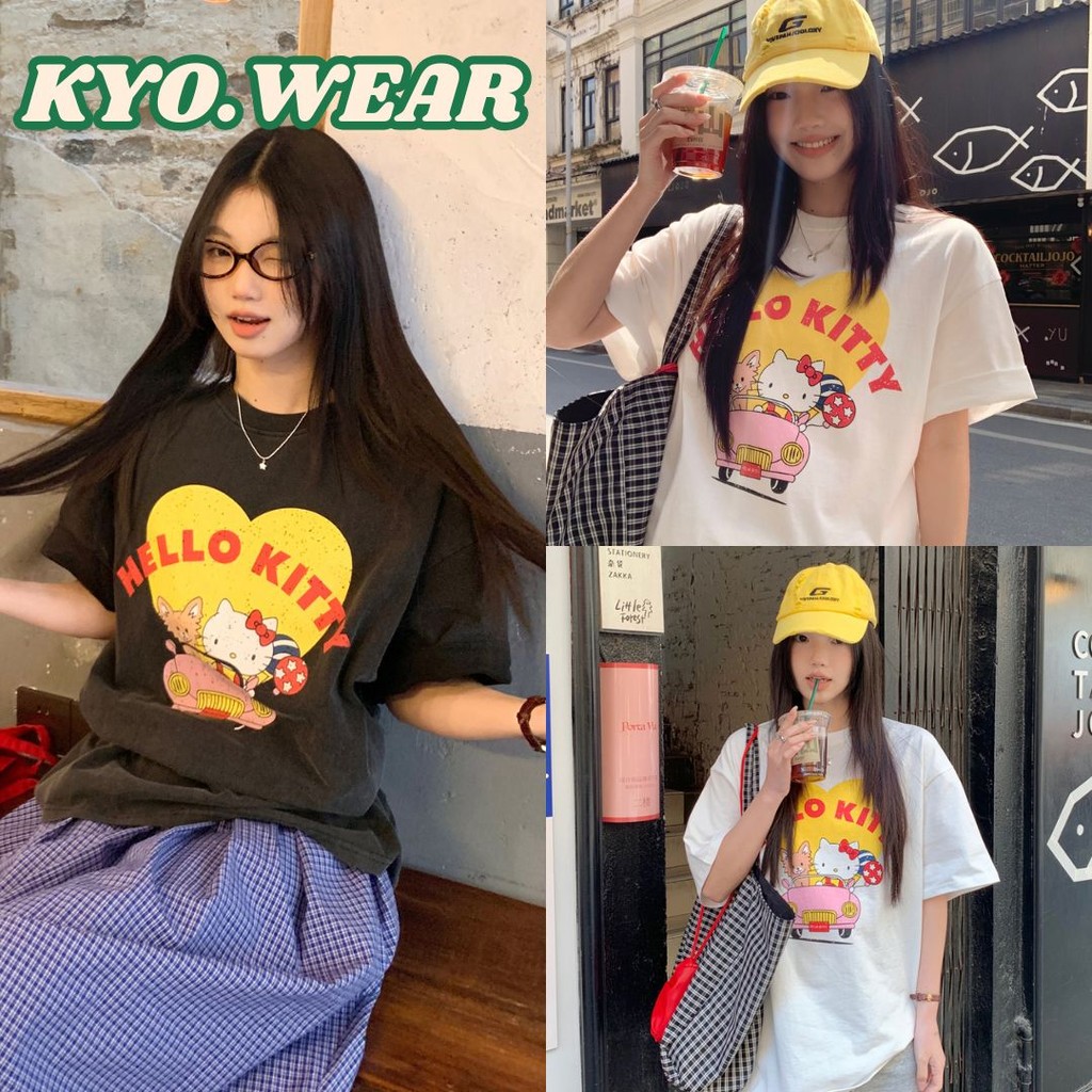 KYO สไตล์เกาหลี เสื้อยืดคอกลมแขนสั้น ลาย "HELLO KITTY"ผ้า Cotton แท้ 100% สัมผัสนุ่มละมุน ใส่สบายมาก ส่งจากไทย