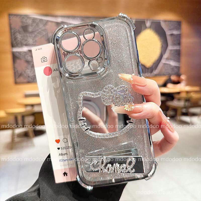 เคส Lanyard for iPhone 17 Air 16 Promax 15 Pro Max 14 Plus 17Promax 15Promax 14Promax Lovely Cartoon Luxury Kitty Diamond Makeup mirror Flash drill electroplate Stand Clear Glitter cardstock Soft Phone Case Cover JD 06 - รูปที่ 4