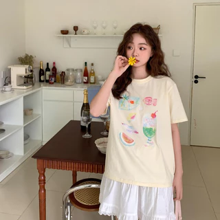 KYO 🍨 เสื้อยืดสตรีไซส์ใหญ่ คอกลม สไตล์เกาหลี Cotton 100% ผ้านุ่มใส่สบาย ใส่ได้ทุกโอกาส "ice cube drink"【COD】