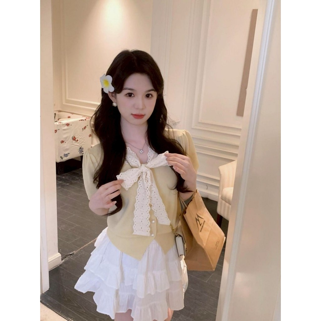 Nemo store🌸#W-M099 เสื้อไหมพรม แขนสั้น คอปกแต่งโบว์ สีพาสเทล เสื้อผู้หญิง มีให้เลือกหลายสี - รูปที่ 6