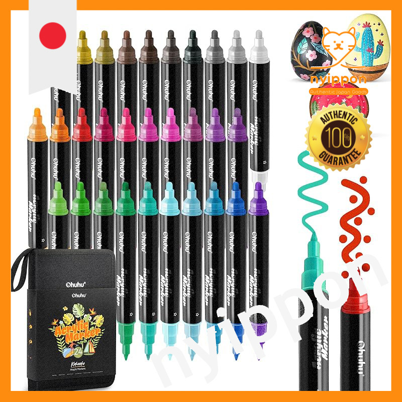 Ohuhu Acrylic Marker Pen Set - 30 Colors - Dual Tip Thick & Fine - Opaque Water-Based Paint Markers 