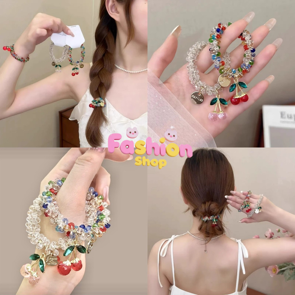 Fashion ที่คาดผมคริสตัล เครื่องประดับผมหางม้าเรียบง่าย ยางรัดผมถักสีชมพูเชอร์รี หลากสี สาวหวาน แฟชั่นสำหรับผู้หญิง COD