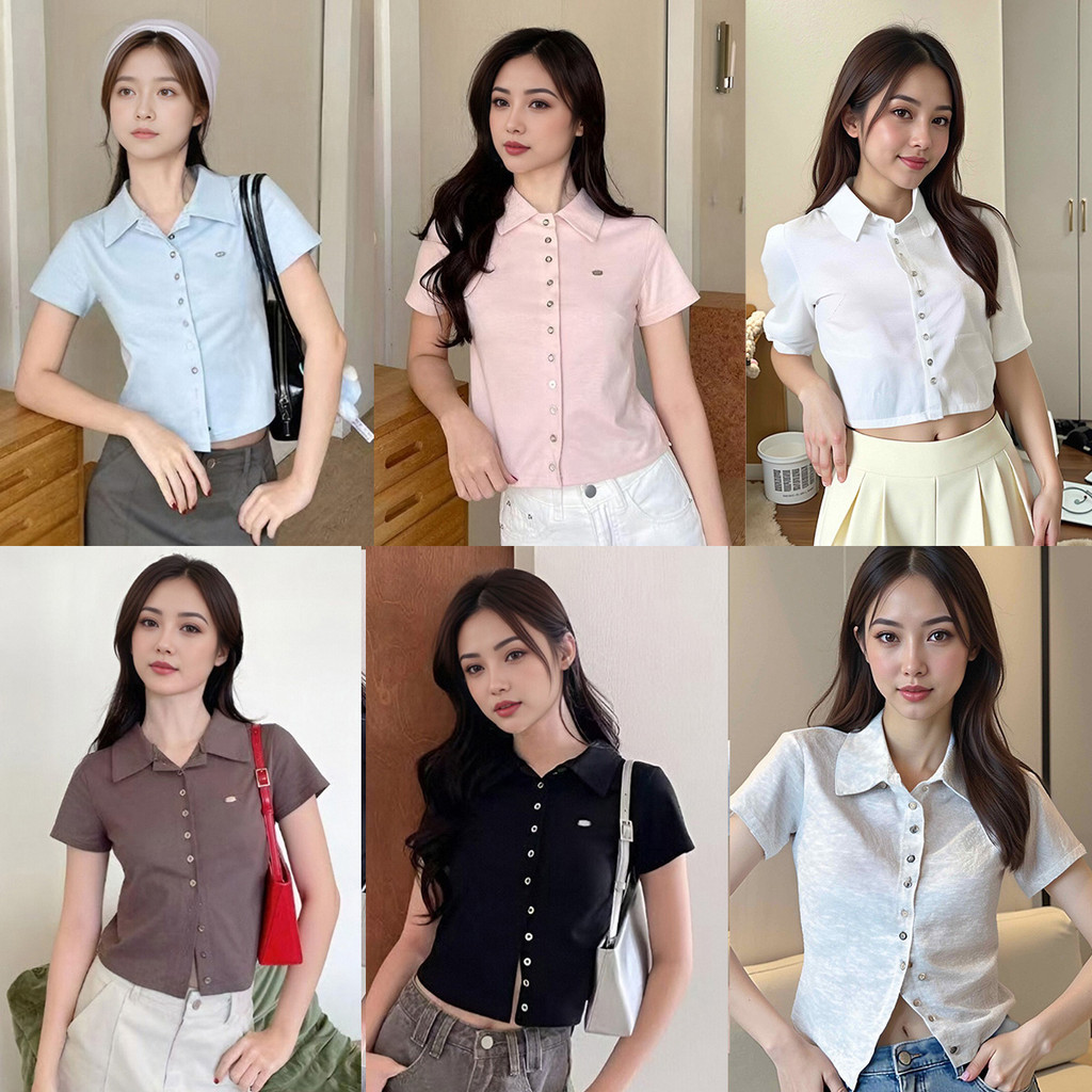 คอปกแฟชั่น เสื้อยืดผู้หญิง ผ้าฝ้าย สั้นเอวสูง