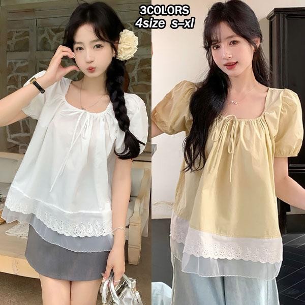 CHili#เสื้อเชิ้ตคอเหลี่ยมแขนพองหวานใหม่ประจำฤดูร้อน ตกแต่งด้วยระบายลูกไม้ สวมใส่สบาย น่ารักและดูอ่อนเยาว์#W638