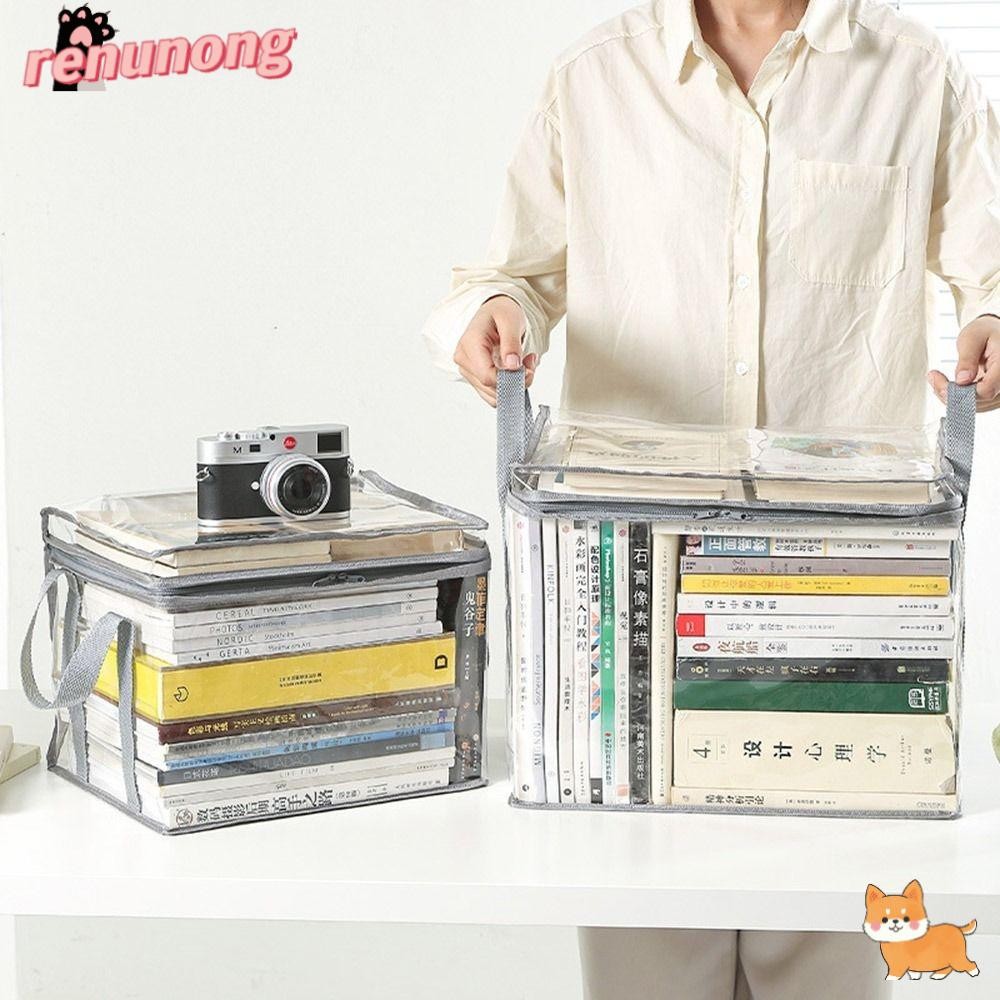 RENUNONG กระเป๋าเก็บหนังสือการ์ตูน,จับกระเป๋าพับได้แบบใส,กระเป๋าซิปวางซ้อนกันได้กันฝุ่นแบบพกพา