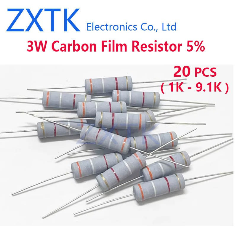CHIP IC 20PCS 3W Carbon Film Resistor 5% แหวนสี 1K-9.1K 1K 1.2K 1.5K 1.8K 2K 2.2K 2.4K 2.7K 3K 3.3K 