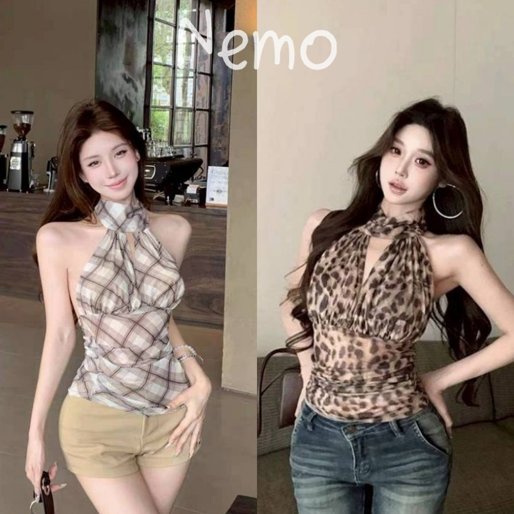 Nemo store🌸#FY9384 เสื้อคล้อง สไตล์มินิมอล ลายเสือ มินิมอล ลายสก็อต สีพื้น เสื้อกล้ามคอฮอลเตอร์ผู้หญิง
