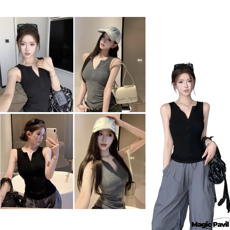 【Magic】พร้อมส่ง | เสื้อไม่มีแขน เสื้อไม่มีแขนโทนเดียวสไตล์ฝรั่งเศส คอตันผ้ายืด+ซิปหน้า กระชับสัดส่วนเซ็กซี่ FY2653