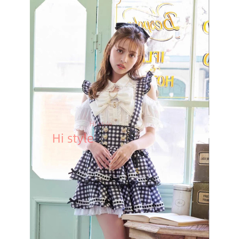 กระโปรงสายรัดผู้หญิงสไตล์ Jirai kei Lizlisa ลายเช็กเกอร์โบว์