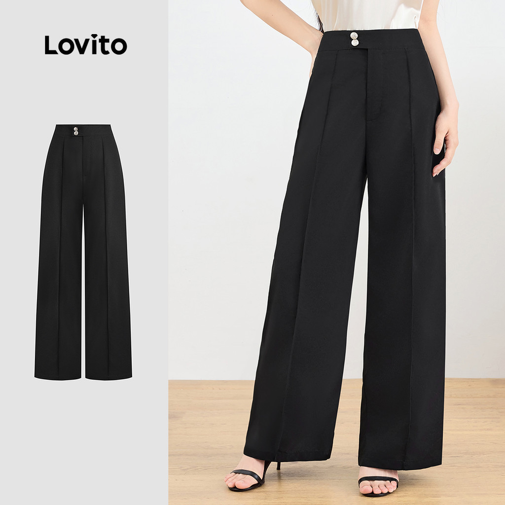 Lovito กางเกงปุ่มธรรมดาหรูหราสําหรับผู้หญิง L129ED541