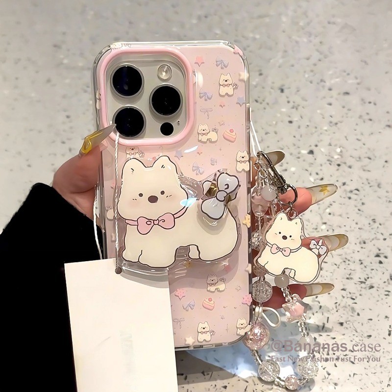 เข้ากันได้กับ iPhone 16 15 14 13 12 11 Pro Max X Xr Xs Max 7 8 Plus SE2020 เคสโทรศัพท์การ์ตูน Sweet Bow West Highland Puppy + Stand + Lanyard Soft Back Cover