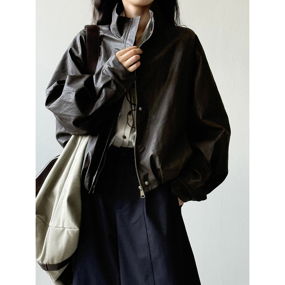 อเมริกันย้อนยุคแจ็คเก็ตหนัง PU ฤดูใบไม้ร่วง Cool Sa แจ็คเก็ตหนังผู้หญิง High-End Coat Casual All-Match สไตล์สั้น