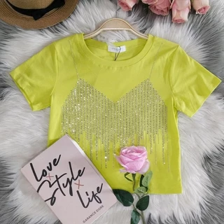 เสื้อยืดแขนสั้นผู้หญิง เพชรบาร์หน้า รีดเพชรแน่นๆ ผู้หญิง