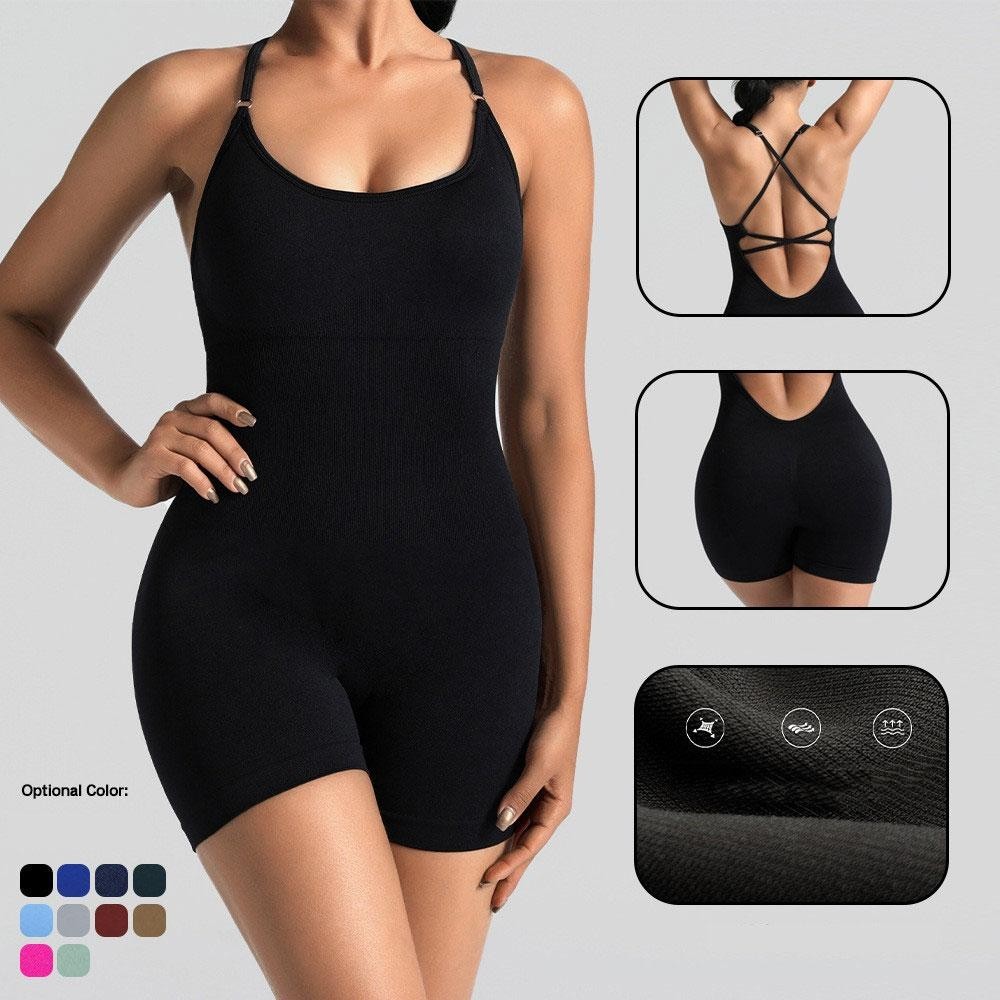 ผู้หญิงกีฬาสบายๆ เพลย์สูท สําหรับโยคะยิมออกกําลังกายสุภาพสตรีชุดฤดูร้อนแห้งเร็วระบายอากาศสบายแขนกุดข้ามกลับบอดี้สูทสําหรับโยคะยิมสุภาพสตรีกี