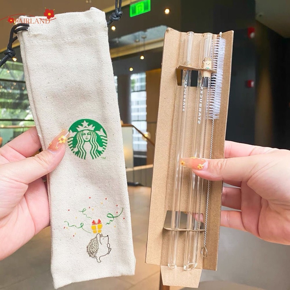 [FAIRLAND] Starbucks Taiwan Hedgehog Gospel หลอดรีไซเคิลพร้อมถุงแปรงฟาง