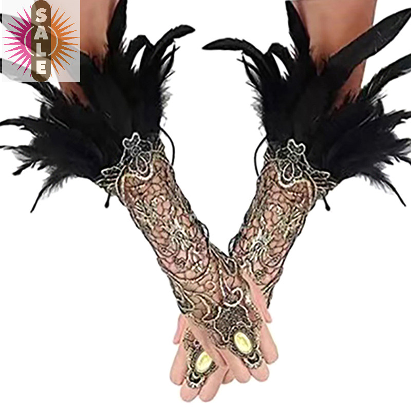 On ขนนกธรรมชาติทองลูกไม้ยาวถุงมือสร้อยข้อมือผู้หญิงเซ็กซี่ Fingerless ถุงมือโอ้อวด Gothic ลูกไม้ Fishnet ถุงมืออุปกรณ์เสริม A