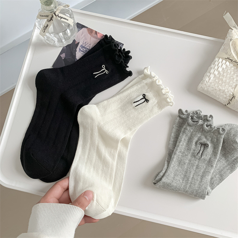 Cod Girl Funer Edge Summer Breathable Thin Style ปัก Bowknot Pile Mesh Japanese Style Ladies Sweet Mid-