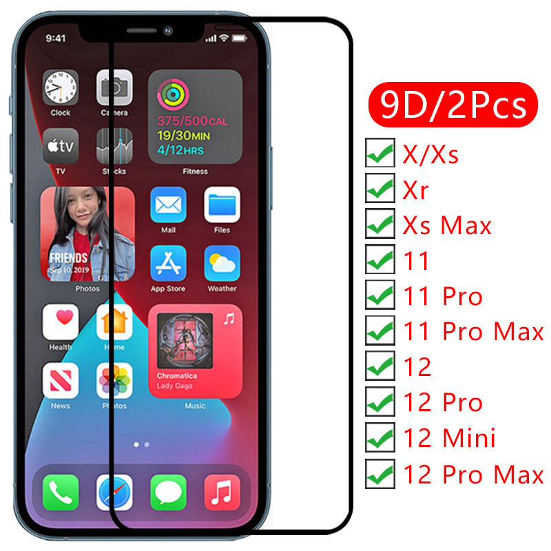9d ป้องกันหน้าจอกระจกนิรภัยสําหรับ iphone 11 12 pro max mini x xr sx xs mas spread บน iphone12 iphon
