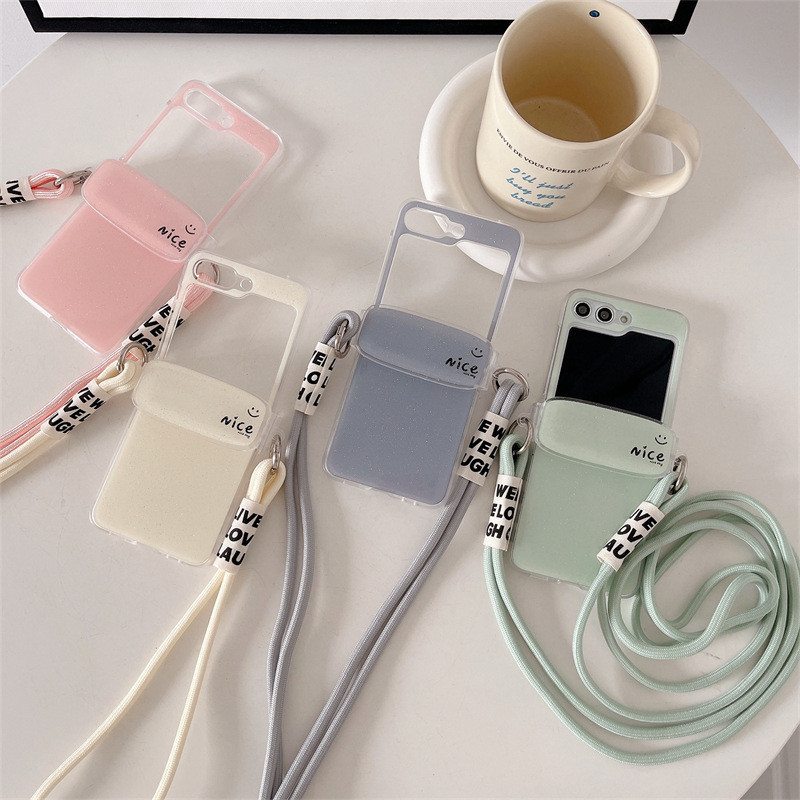 เคสมือถือ ลายหน้ายิ้ม พร้อมสายคล้อง สําหรับ Samsung Galaxy Z Flip5 4 3 Cases
