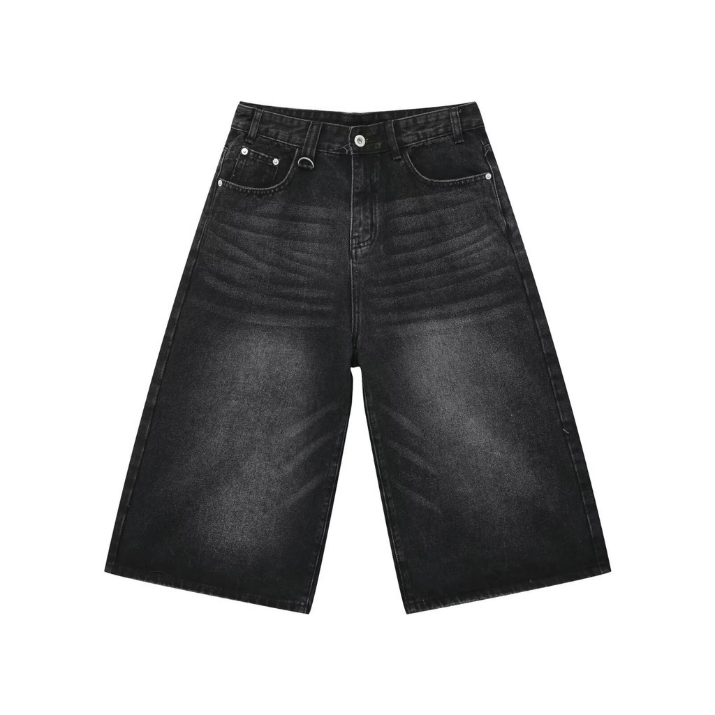 Paul FITZGERALD Summer American retro old cleanfit niche อเนกประสงค์หลวมตรงกางเกงยีนส์สีดํากางเกงครอป