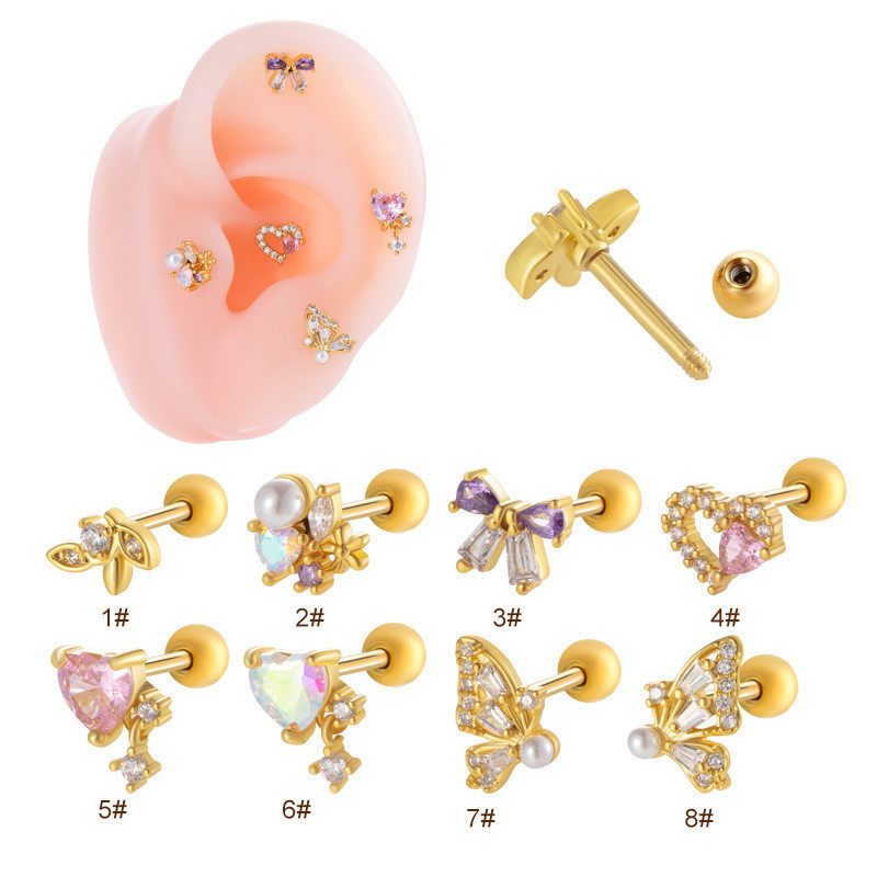 1 ชิ้นหัวใจ Bowknot รูปผีเสื้อ Cartialge ต่างหูสตั๊ด Helix เจาะ 16Gauge สแตนเลสพร้อมเพทาย