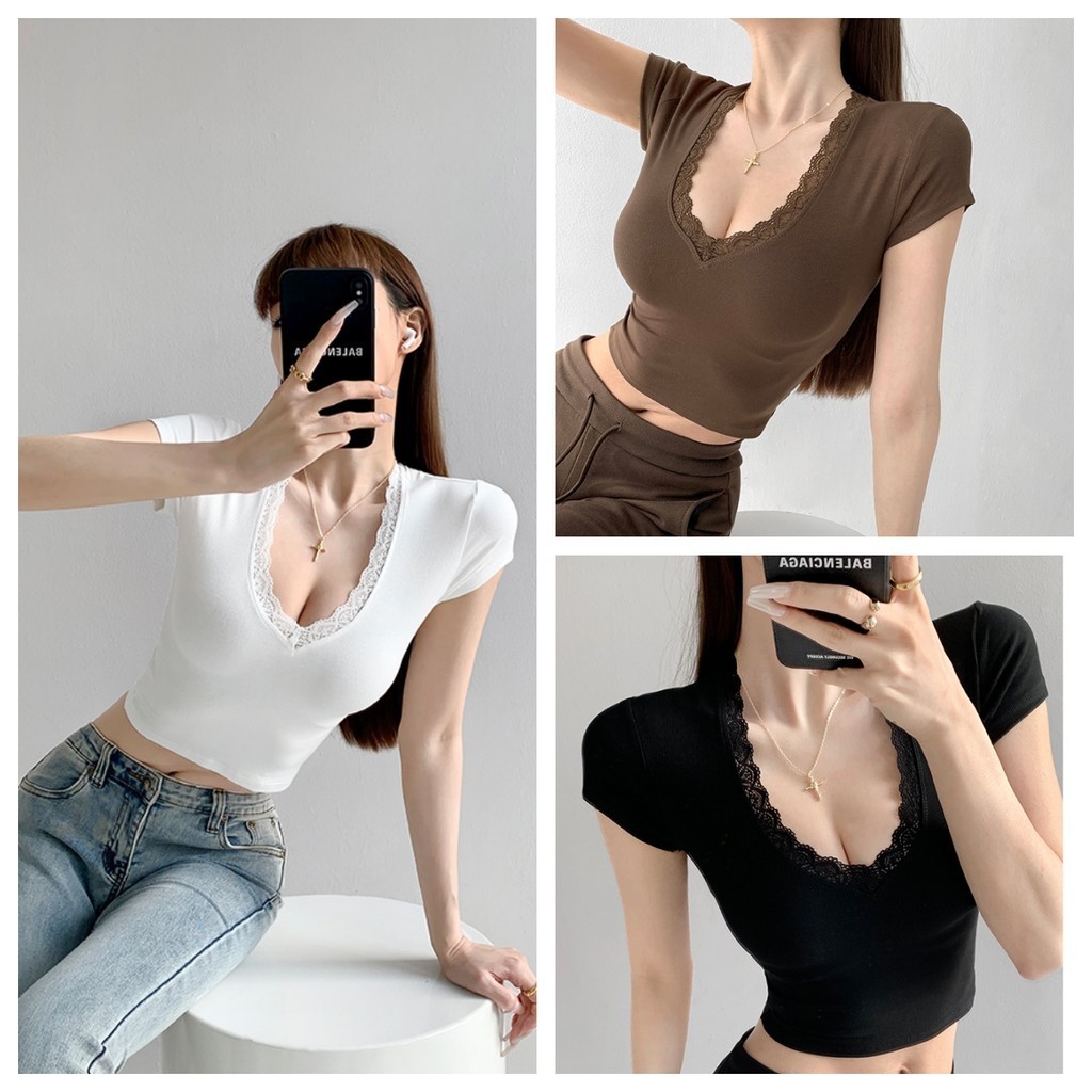 Bella Shop🌻 เสื้อยืดแขนสั้นคอวีลูกไม้ผู้หญิงฤดูร้อน