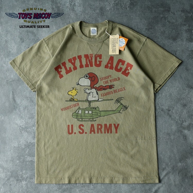 ((ผ้าฝ้ายแท้พร้อมสต็อก) ของเล่นญี่ปุ่น MCCOY Snoopy Retro FLYING ACE เสื้อยืดแขนสั้นพิมพ์ลายผ้าฝ้ายแท้