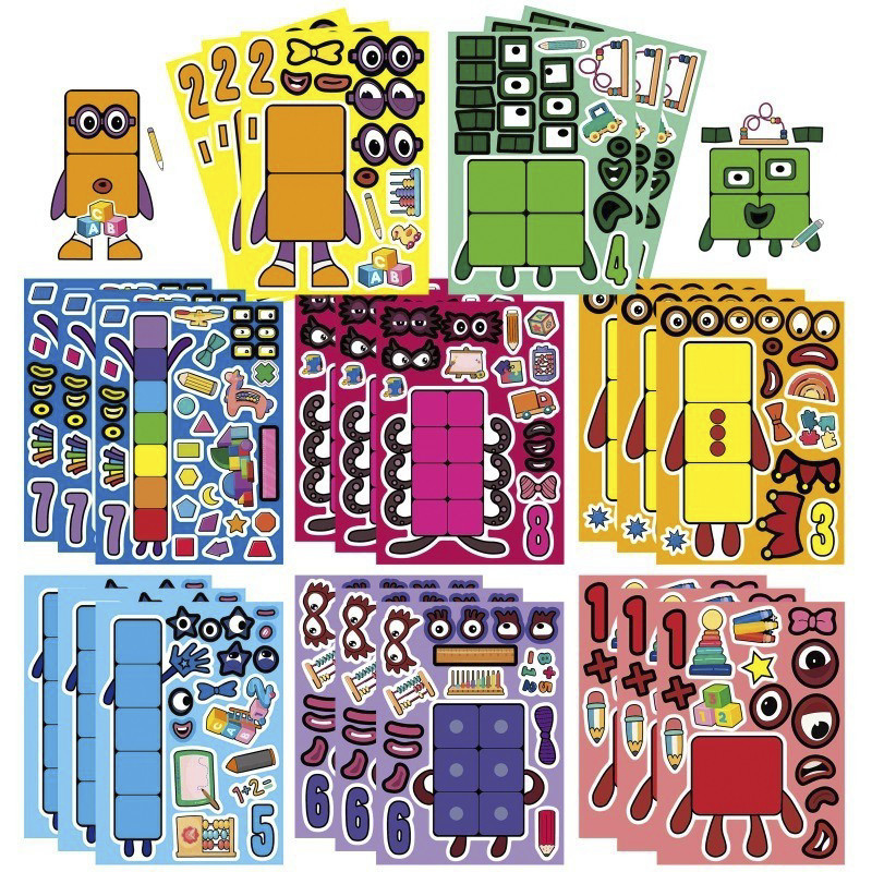 8 แผ่นการ์ตูนตรัสรู้แอนิเมชั่น Numberblocks Series สติ๊กเกอร์ปริศนาทําให้สติกเกอร์หน้า DIY ของคุณเอง