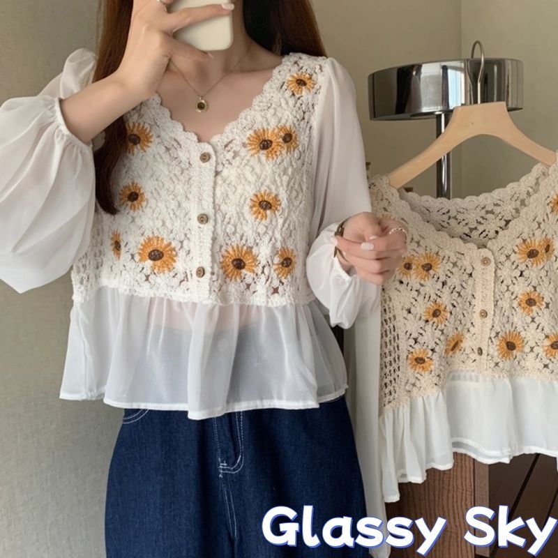 Glassy Sky พร้อมส่ง เสื้อถักไหมพรม แขนชีฟอง ลายดอกไม้น่ารัก เสื้อแขนยาว(1968-C -N)
