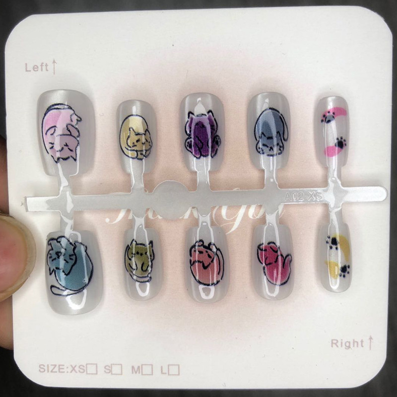 10pcs Cat Eye Handmade กดบนเล็บเล็บปลอมพร้อมสติกเกอร์กาว M011