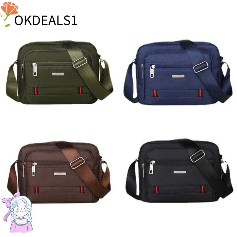 Dealshop กระเป๋าสะพาย,ไนลอนสีดําสีน้ําตาลสีฟ้าสีเขียวผู้ชายกระเป๋าสะพายข้าง,สี่เหลี่ยมผืนผ้า 4 ซิปผ้า Man กระเป๋าถือ