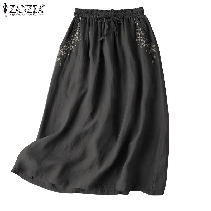 ZANZEA ใส่ ซานเซีย ผู้หญิงเกาหลีสบายๆเอวสูง เชือกรูด เย็บปักถักร้อยกระโปรง